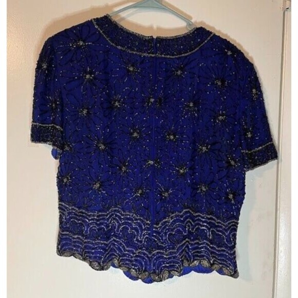 Vtg Adrianna Papell Silk Beaded Top L Royal Blue Silver Black Floral Gatsby Glam - Picture 9 of 9